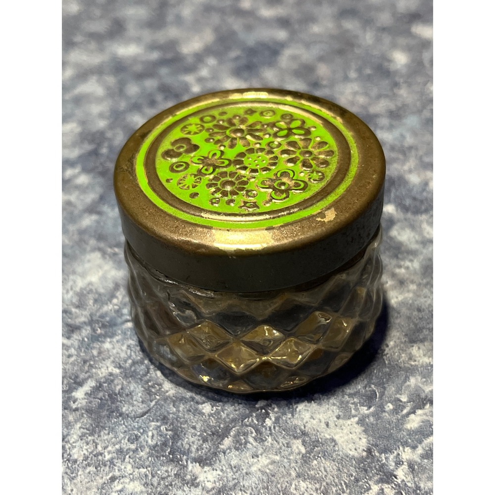 Vintage Avon Field Flowers Cream Sachet Glass Jar Green Enamel Floral Lid 33286
